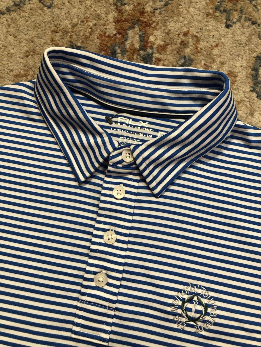 RLX Ralph Lauren Polo Shirt Boys L 14-16 Blue Stripe Memorial Golf Short Sleeve - Picture 7 of 14